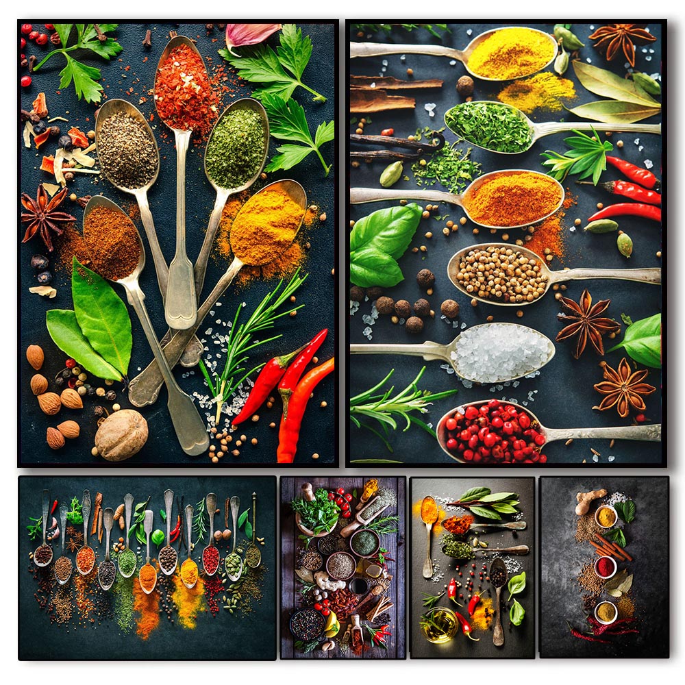 Home Cooking Restaurant - Herbs Spices Cooking Canvas Painting Nordic